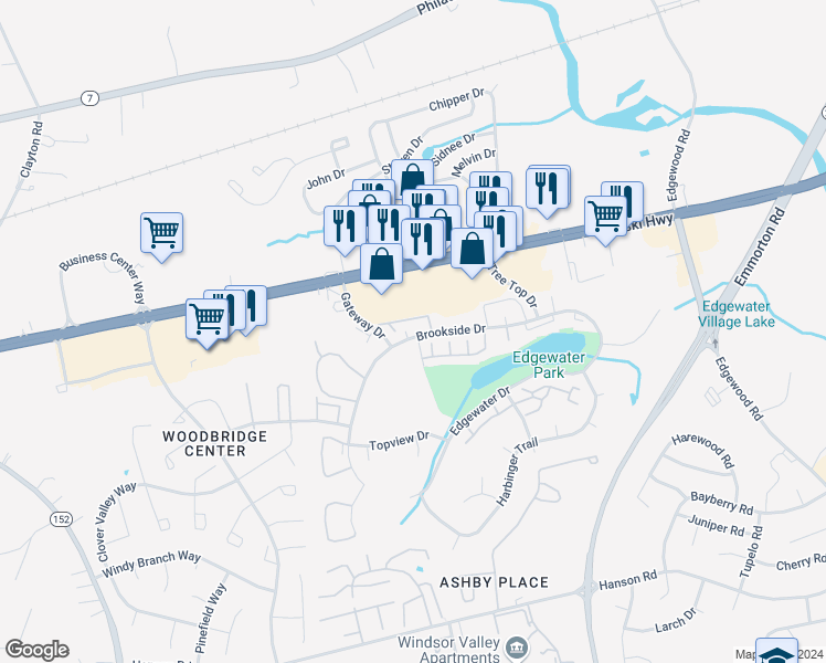 map of restaurants, bars, coffee shops, grocery stores, and more near 1752 Brookside Drive in Edgewood