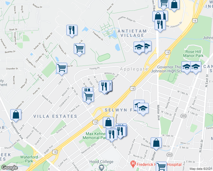 map of restaurants, bars, coffee shops, grocery stores, and more near 1110 Taney Avenue in Frederick