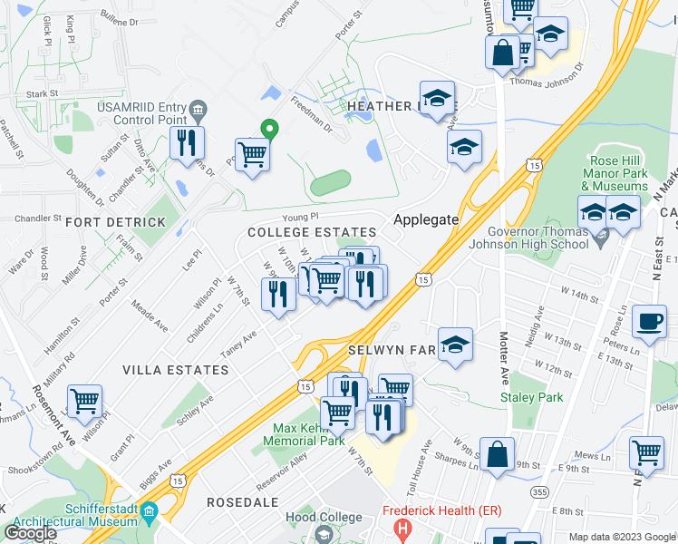 map of restaurants, bars, coffee shops, grocery stores, and more near 1110 Taney Avenue in Frederick