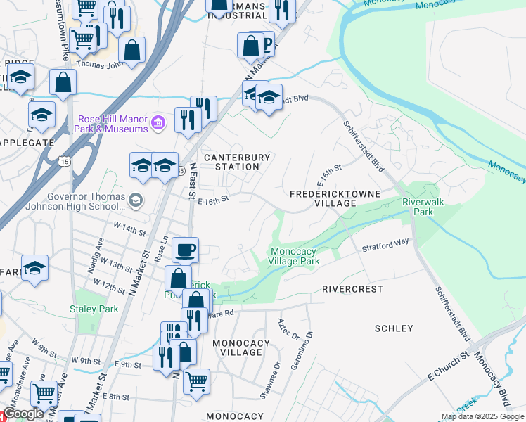 map of restaurants, bars, coffee shops, grocery stores, and more near 1592 Carey Place in Frederick