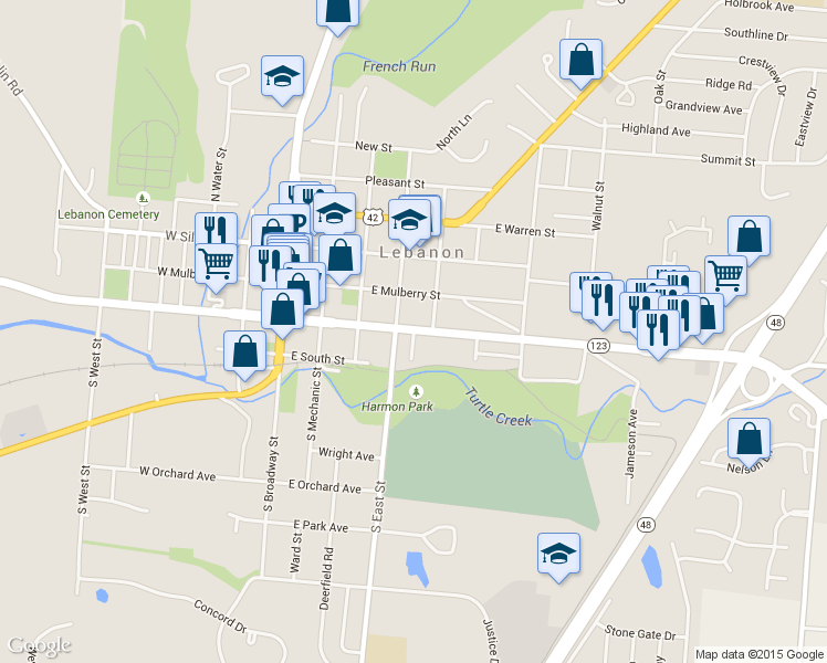 map of restaurants, bars, coffee shops, grocery stores, and more near 101 Parkview Avenue in Lebanon