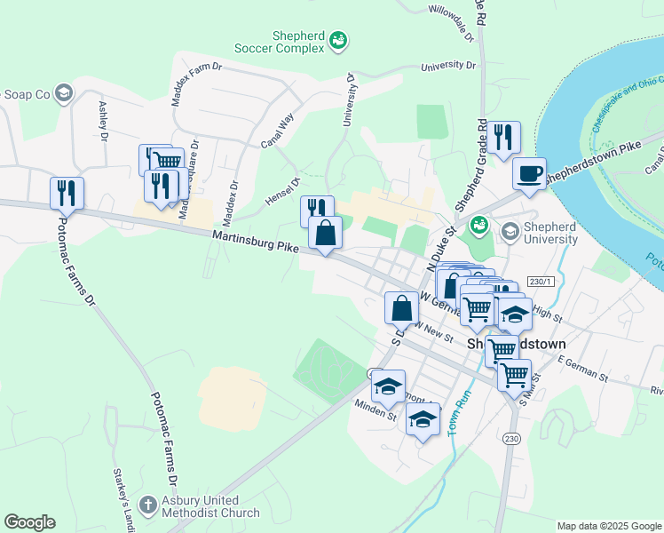map of restaurants, bars, coffee shops, grocery stores, and more near 8348 Martinsburg Pike in Shepherdstown
