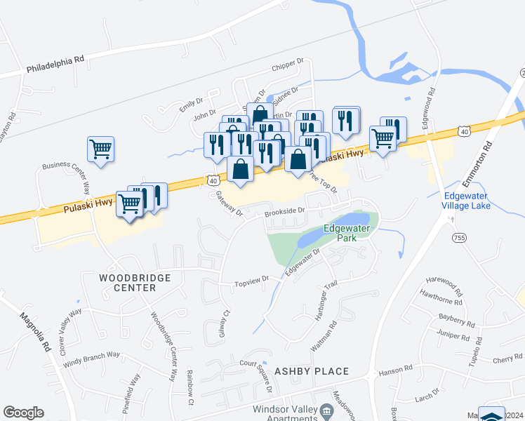 map of restaurants, bars, coffee shops, grocery stores, and more near 1756 Brookside Drive in Edgewood
