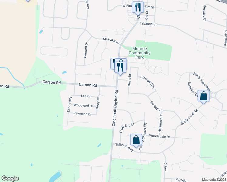 map of restaurants, bars, coffee shops, grocery stores, and more near 27 Carson Road in Monroe