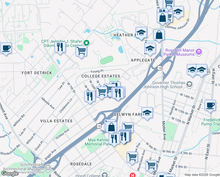map of restaurants, bars, coffee shops, grocery stores, and more near 1112 Taney Avenue in Frederick