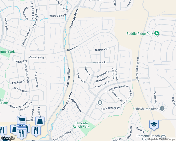 map of restaurants, bars, coffee shops, grocery stores, and more near 2029 Neviekay Lane in Reno