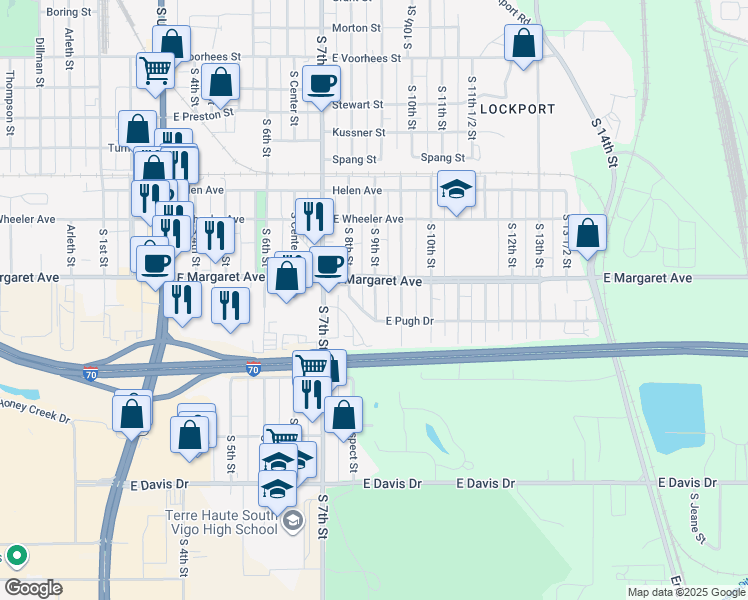 map of restaurants, bars, coffee shops, grocery stores, and more near 3000 South 8th Street in Terre Haute