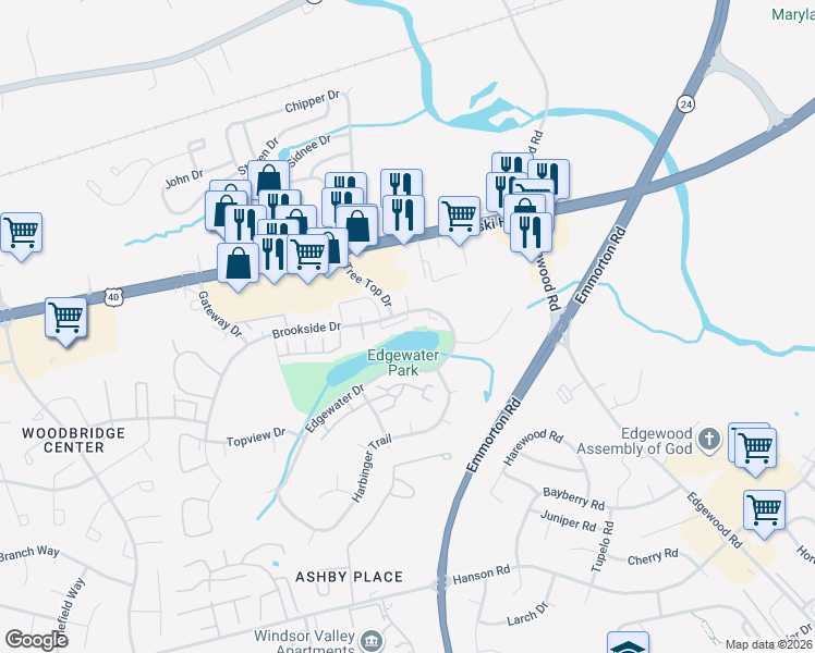 map of restaurants, bars, coffee shops, grocery stores, and more near 1937 Brookside Drive in Edgewood