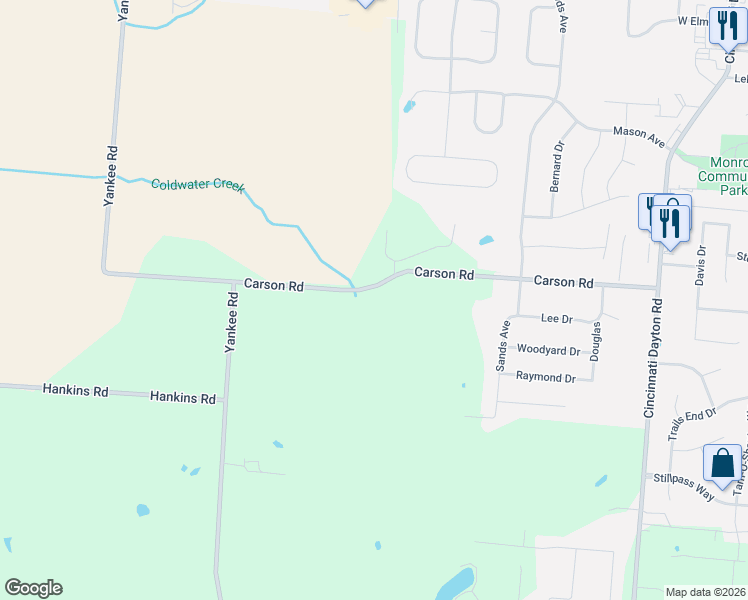 map of restaurants, bars, coffee shops, grocery stores, and more near 7165 Carson Road in Middletown