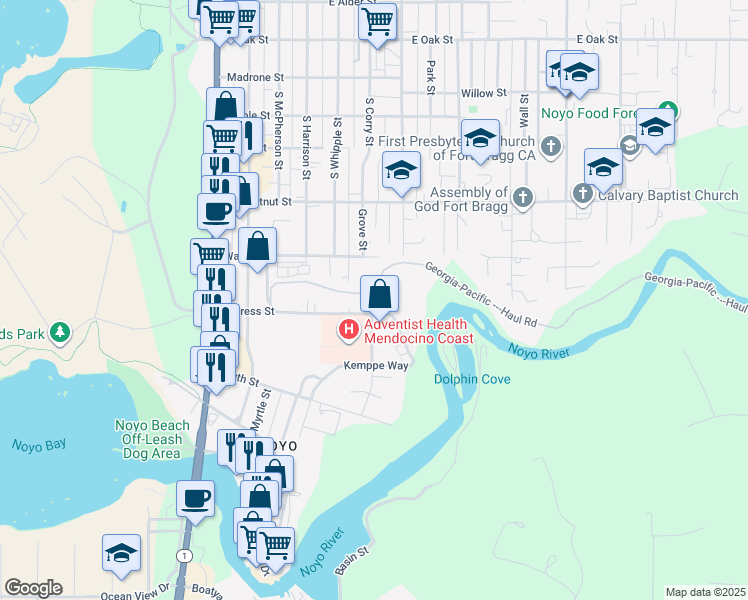 map of restaurants, bars, coffee shops, grocery stores, and more near 511 Cypress Street in Fort Bragg