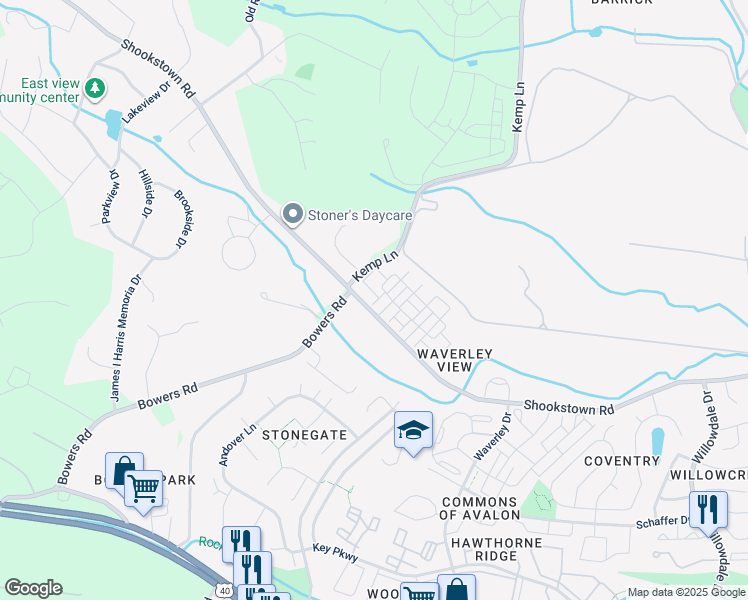 map of restaurants, bars, coffee shops, grocery stores, and more near 1875 Shookstown Road in Frederick