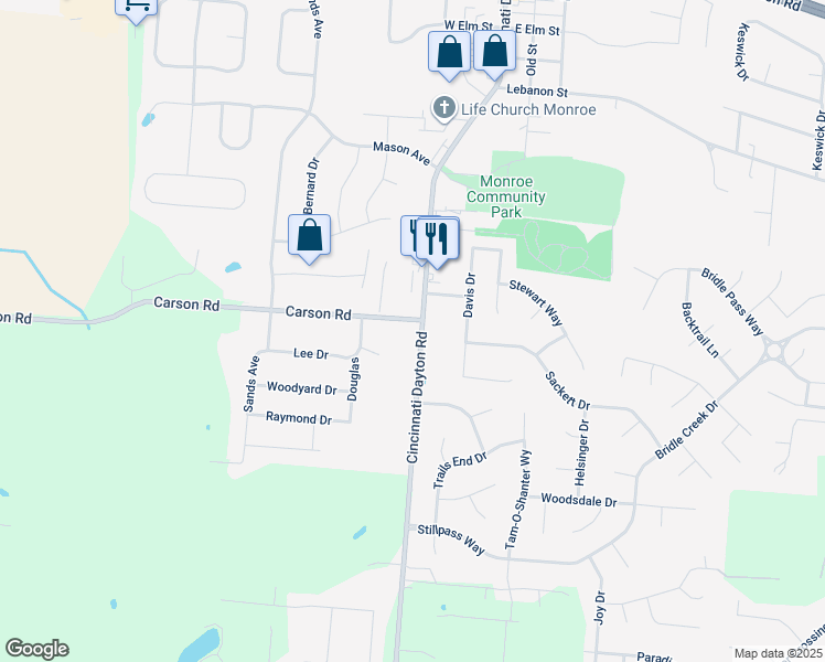 map of restaurants, bars, coffee shops, grocery stores, and more near 27 Carson Road in Monroe
