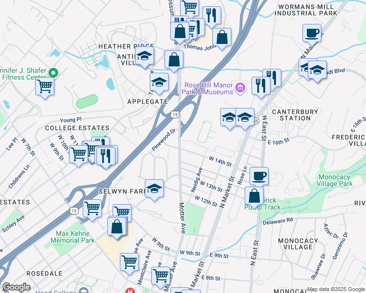 map of restaurants, bars, coffee shops, grocery stores, and more near 1400 Motter Avenue in Frederick