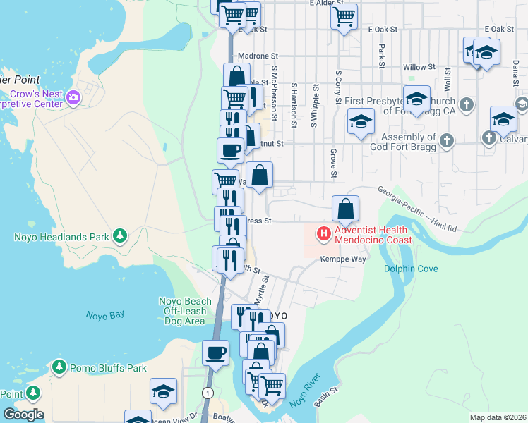 map of restaurants, bars, coffee shops, grocery stores, and more near 658 South Franklin Street in Fort Bragg