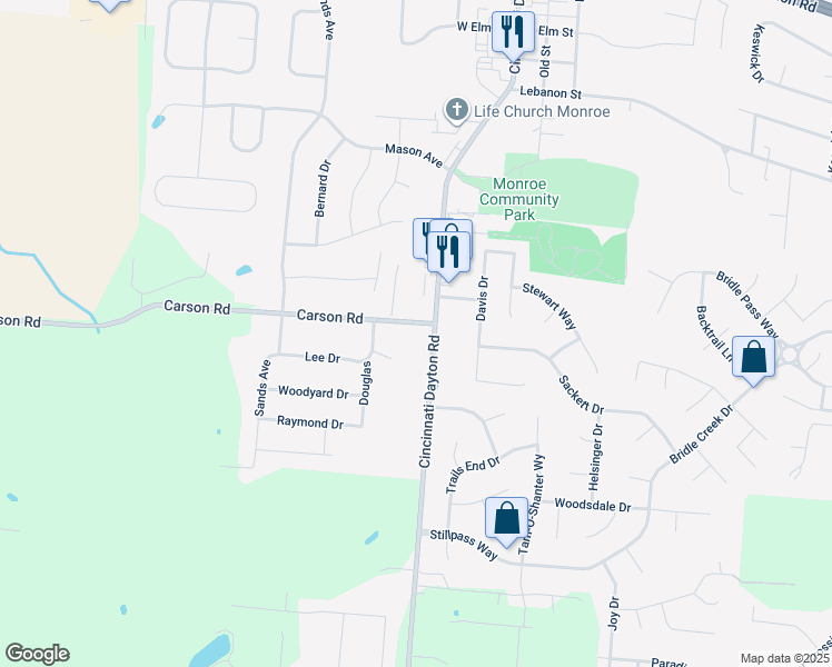 map of restaurants, bars, coffee shops, grocery stores, and more near 27 Carson Road in Monroe