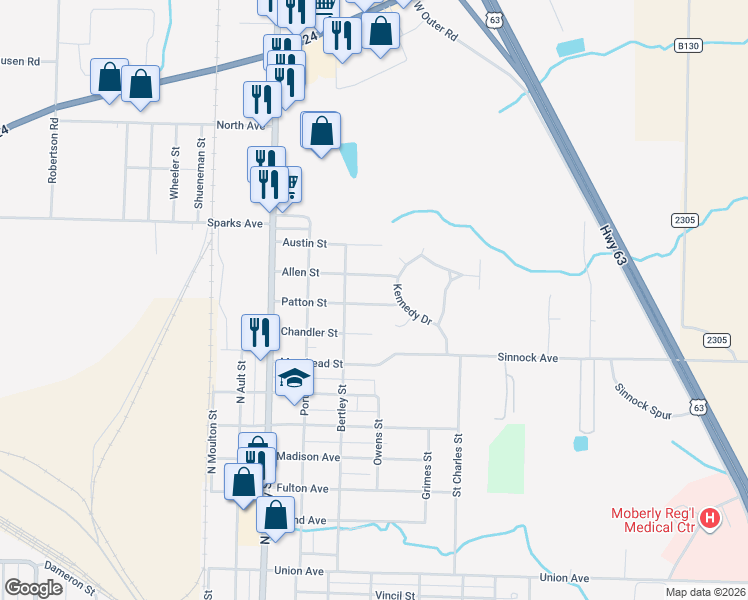 map of restaurants, bars, coffee shops, grocery stores, and more near 601 Patton Street in Moberly
