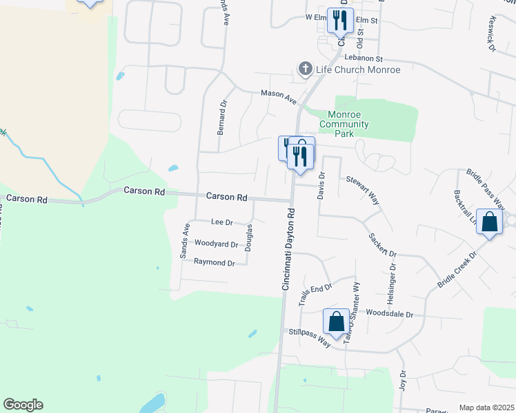 map of restaurants, bars, coffee shops, grocery stores, and more near 135 Carson Road in Monroe