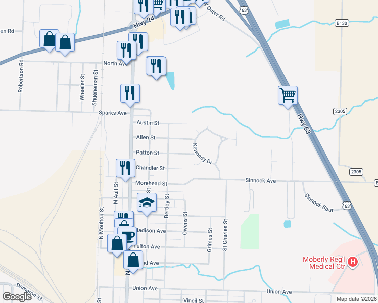 map of restaurants, bars, coffee shops, grocery stores, and more near 601 Patton Street in Moberly