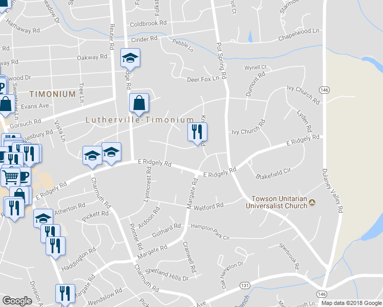 map of restaurants, bars, coffee shops, grocery stores, and more near 221 Purlington Road in Lutherville-Timonium