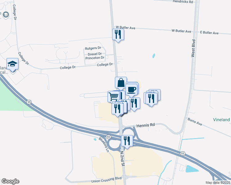 map of restaurants, bars, coffee shops, grocery stores, and more near 3730 South Delsea Drive in Vineland