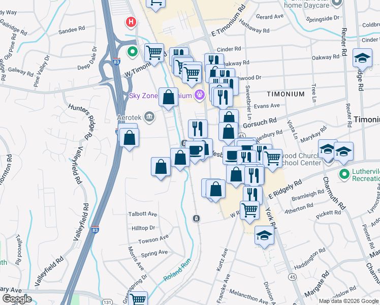 map of restaurants, bars, coffee shops, grocery stores, and more near Business Park Drive in Lutherville-Timonium