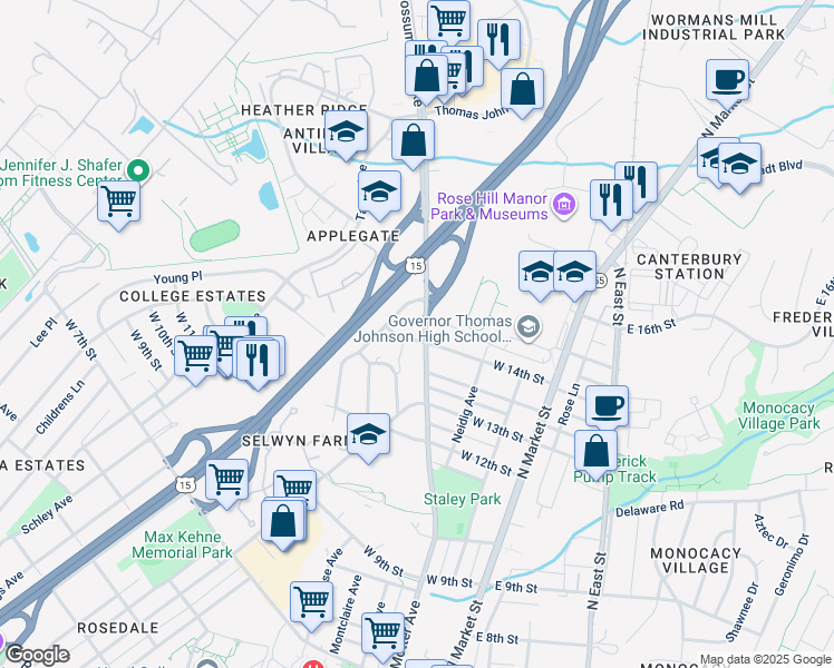 map of restaurants, bars, coffee shops, grocery stores, and more near 1313 Motter Avenue in Frederick
