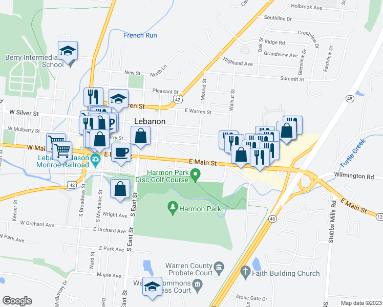 map of restaurants, bars, coffee shops, grocery stores, and more near 28 Chillicothe Avenue in Lebanon