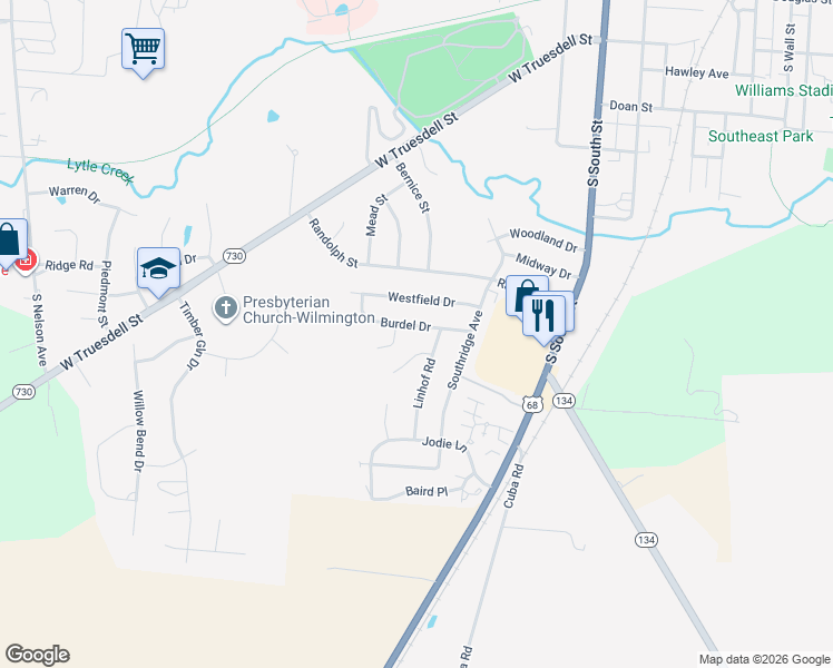 map of restaurants, bars, coffee shops, grocery stores, and more near 16 Cambo Place in Wilmington