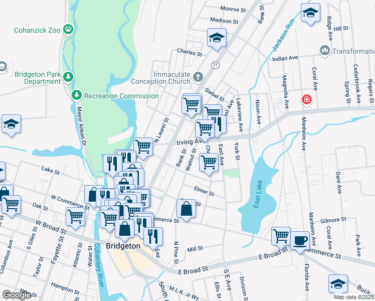 map of restaurants, bars, coffee shops, grocery stores, and more near 157 Walnut Street in Bridgeton