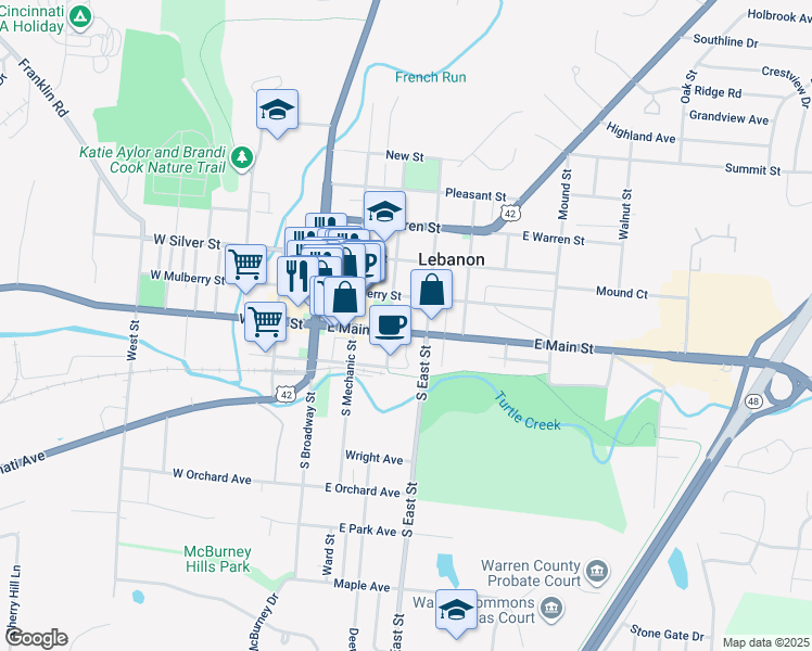 map of restaurants, bars, coffee shops, grocery stores, and more near 13 Cherry Street in Lebanon