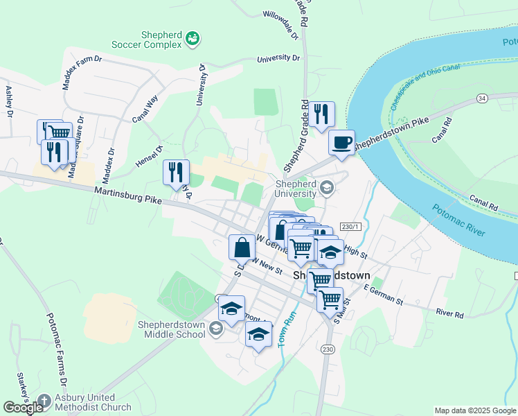 map of restaurants, bars, coffee shops, grocery stores, and more near West High Street in Shepherdstown