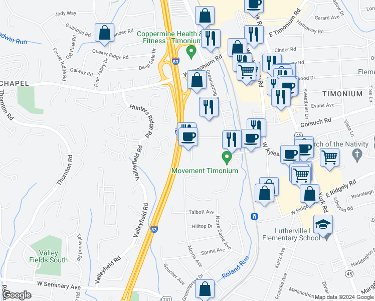 map of restaurants, bars, coffee shops, grocery stores, and more near 1954 Greenspring Drive in Lutherville-Timonium