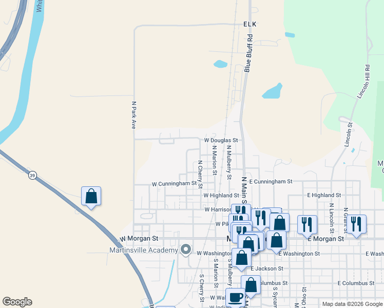 map of restaurants, bars, coffee shops, grocery stores, and more near 713 North Elliott Avenue in Martinsville