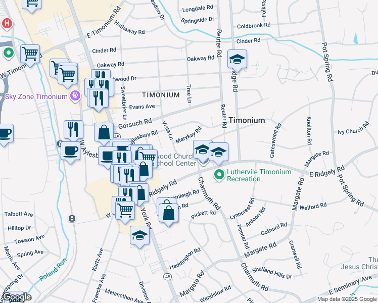 map of restaurants, bars, coffee shops, grocery stores, and more near 3 Wingate Garth in Lutherville-Timonium