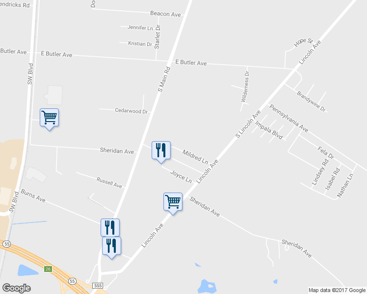 map of restaurants, bars, coffee shops, grocery stores, and more near 724 Mildred Lane in Vineland