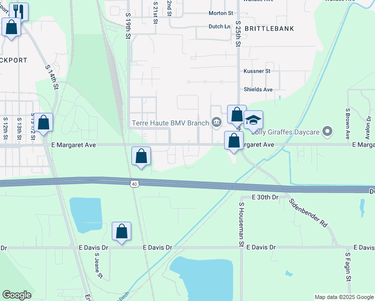 map of restaurants, bars, coffee shops, grocery stores, and more near 2201-2331 East Margaret Avenue in Terre Haute