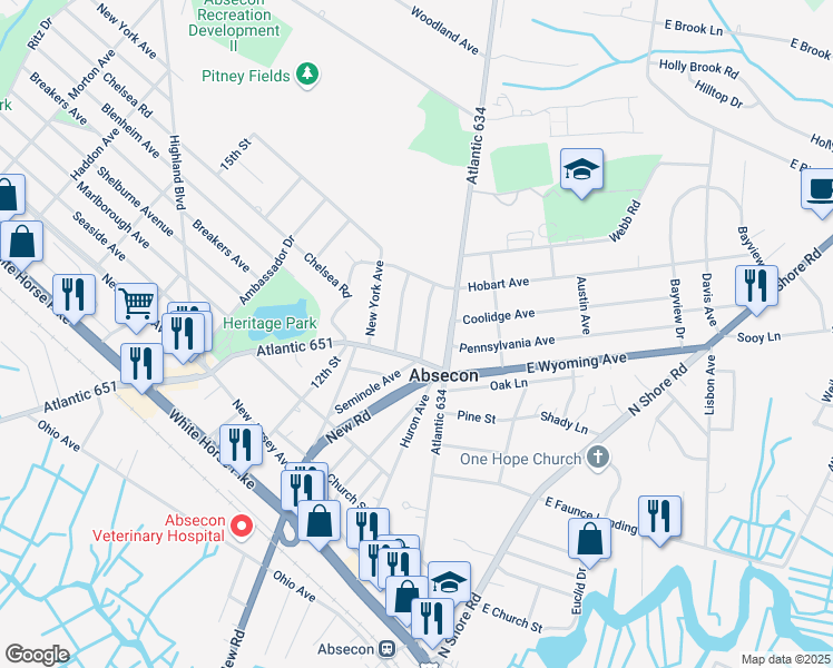 map of restaurants, bars, coffee shops, grocery stores, and more near 611 Seminole Ave in Absecon