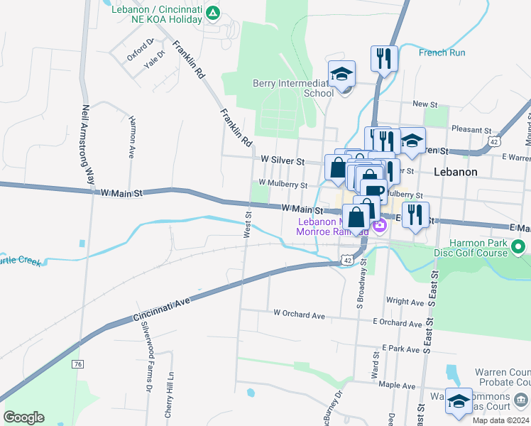 map of restaurants, bars, coffee shops, grocery stores, and more near 403 West Main Street in Lebanon