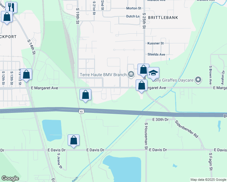 map of restaurants, bars, coffee shops, grocery stores, and more near 2201-2331 East Margaret Avenue in Terre Haute