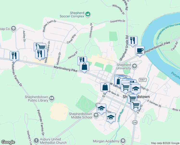 map of restaurants, bars, coffee shops, grocery stores, and more near 348 West High Street in Shepherdstown