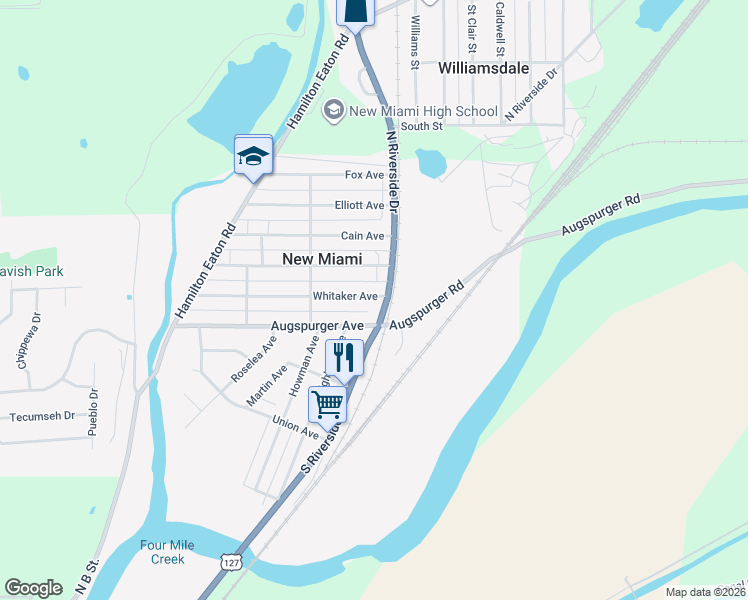 map of restaurants, bars, coffee shops, grocery stores, and more near 109 North Riverside Drive in Hamilton