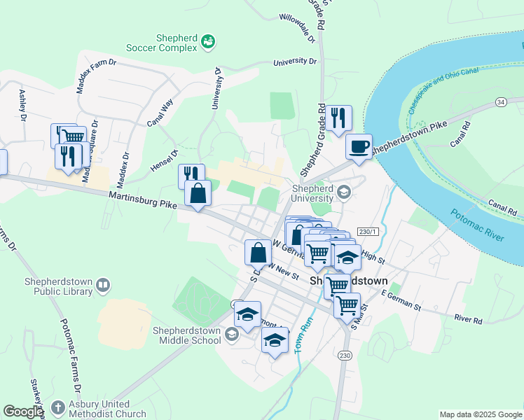 map of restaurants, bars, coffee shops, grocery stores, and more near 310 West High Street in Shepherdstown