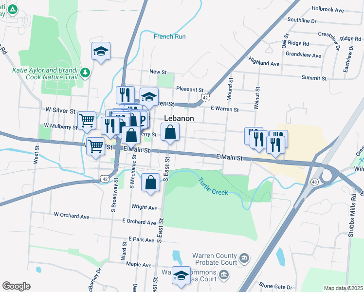 map of restaurants, bars, coffee shops, grocery stores, and more near 11 S High St in Lebanon