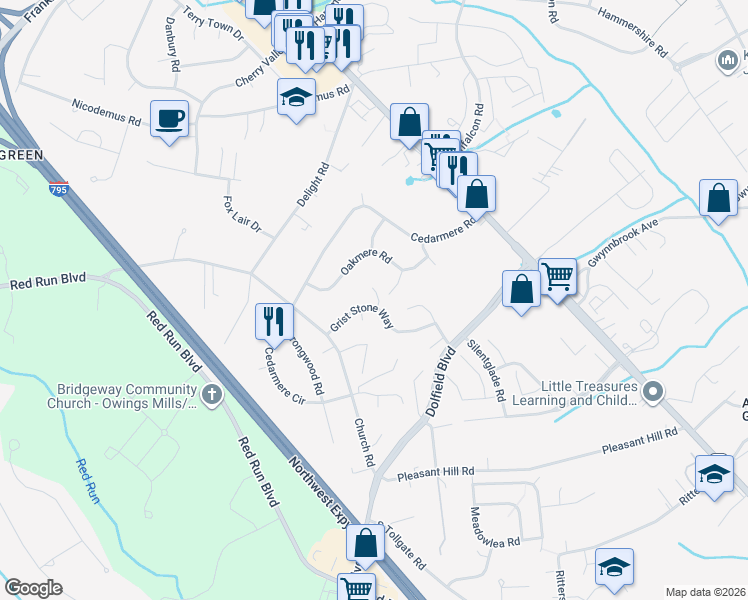 map of restaurants, bars, coffee shops, grocery stores, and more near 122 Grist Stone Way in Owings Mills