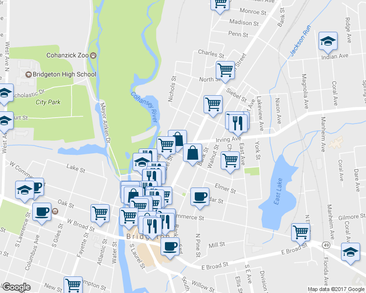 map of restaurants, bars, coffee shops, grocery stores, and more near 40 Irving Avenue in Bridgeton