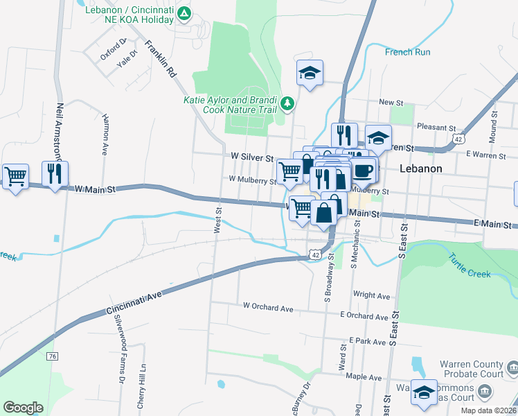 map of restaurants, bars, coffee shops, grocery stores, and more near 235 West Main Street in Lebanon