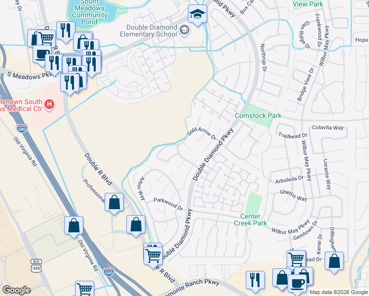 map of restaurants, bars, coffee shops, grocery stores, and more near 1420 Gold Cliff Court in Reno