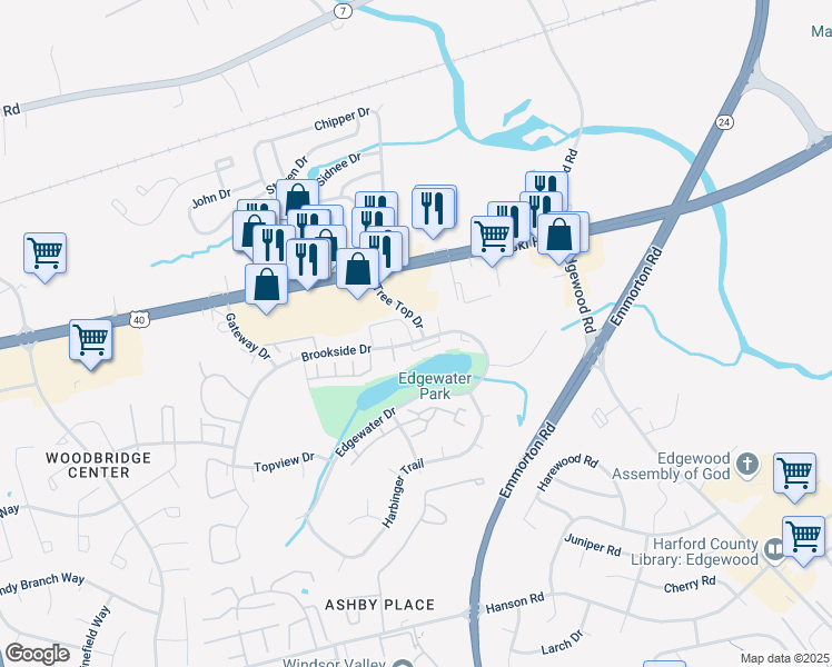 map of restaurants, bars, coffee shops, grocery stores, and more near 1896 Grempler Way in Edgewood