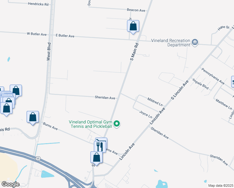 map of restaurants, bars, coffee shops, grocery stores, and more near 3608 South Main Road in Vineland