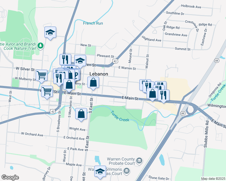 map of restaurants, bars, coffee shops, grocery stores, and more near 9 Chillicothe Ave in Lebanon